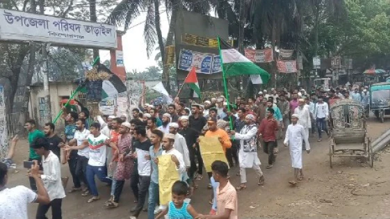 গাজায় ইসরায়েলি নির্মম হামলার প্রতিবাদে তাড়াইলে বিক্ষোভ মিছিল